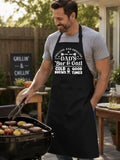 Dad’s Bar and Grill apron featuring funny BBQ typography design worn by man grilling outdoors in backyard.