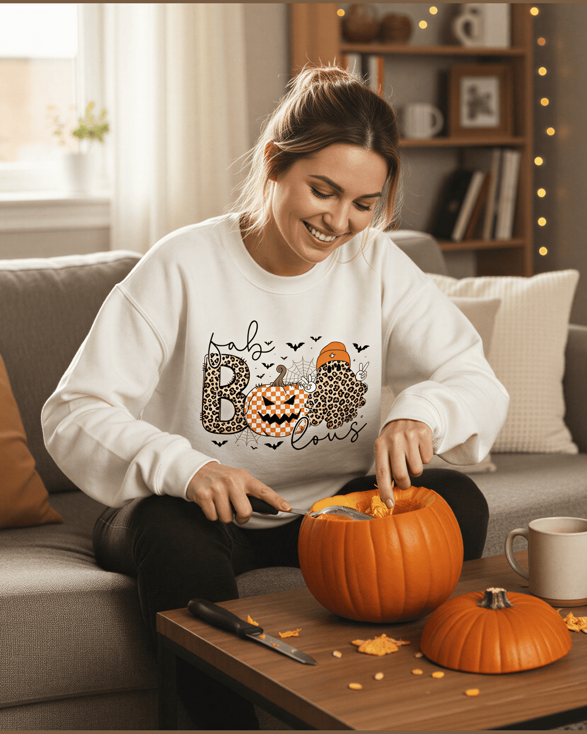 Woman wearing white Halloween sweatshirt while carving pumpkin in cozy fall setting