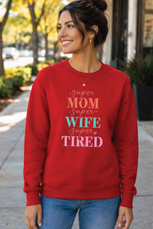 Woman wearing red Mom Wife Tired sweatshirt – casual mom outfit Canada