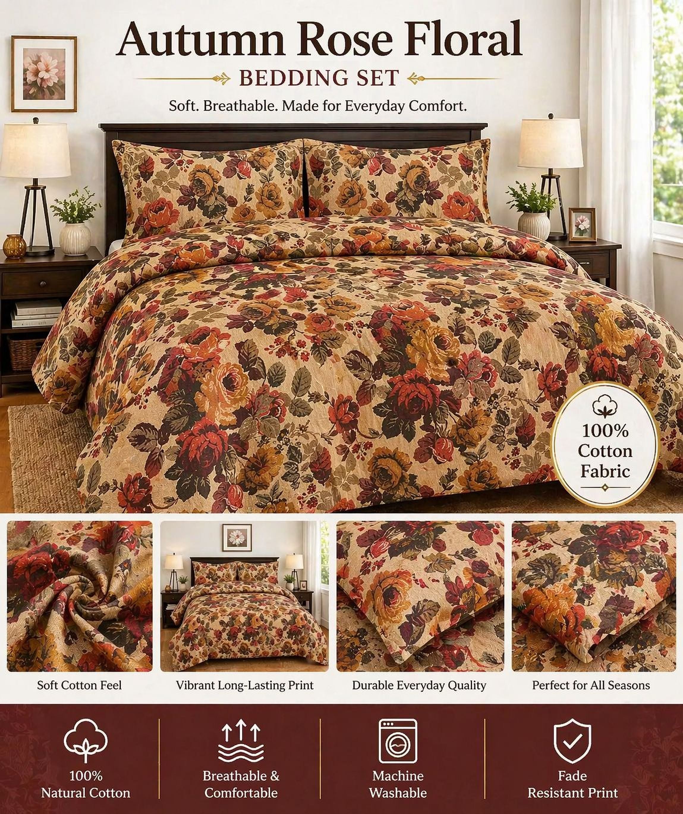 The image is an advertisement for an Autumn Rose Floral Bedding Set. It features a close-up view of the floral print bedding set, highlighting its soft, breathable, and comfortable qualities. The ad also emphasizes the durability of the cotton fabric and the machine washable nature of the set.