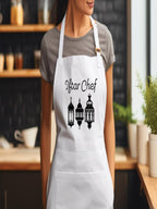 wearing white Iftar Chef Ramadan apron with lantern design in modern kitchenwearing white Iftar Chef Ramadan apron with lantern design in modern kitchen