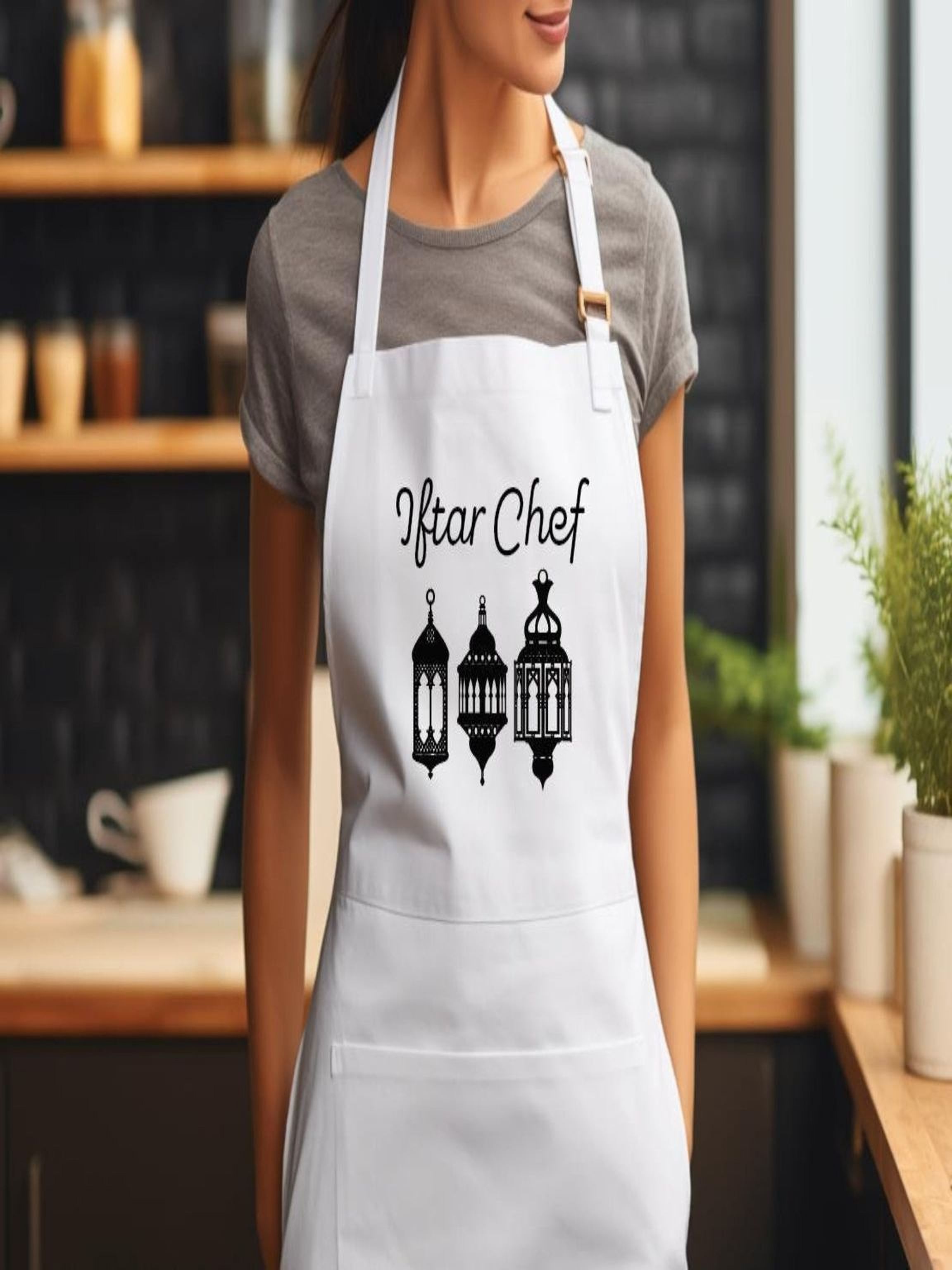 wearing white Iftar Chef Ramadan apron with lantern design in modern kitchenwearing white Iftar Chef Ramadan apron with lantern design in modern kitchen