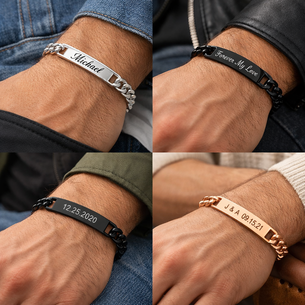 Engraved Stainless Steel Bracelet, Customized Metal Wrist Accessory, Adjustable Chain