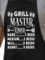 Grill Master Timer apron with funny beer and BBQ graphic design worn by man grilling burgers outdoors.