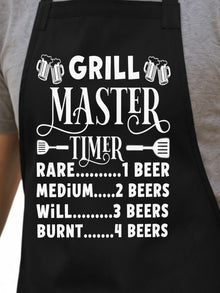 Grill Master Timer apron with funny beer and BBQ graphic design worn by man grilling burgers outdoors.