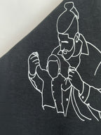 A black and white illustration of a person holding a child, with the child's hands being held up.