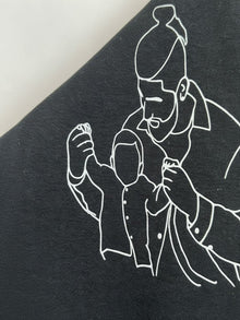 A black and white illustration of a person holding a child, with the child's hands being held up.