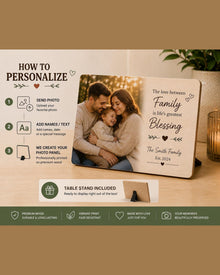 Personalized family wood photo panel with tabletop stand