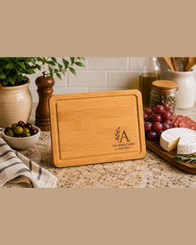 Personalized Bamboo Cutting Board – engraved monogram bamboo cutting board in a kitchen