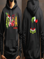 A black hoodie with a colorful design featuring the word "Dada" and various holiday-themed graphics, including Santa Claus and Christmas trees.