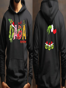 A black hoodie with a colorful design featuring the word "Dada" and various holiday-themed graphics, including Santa Claus and Christmas trees.