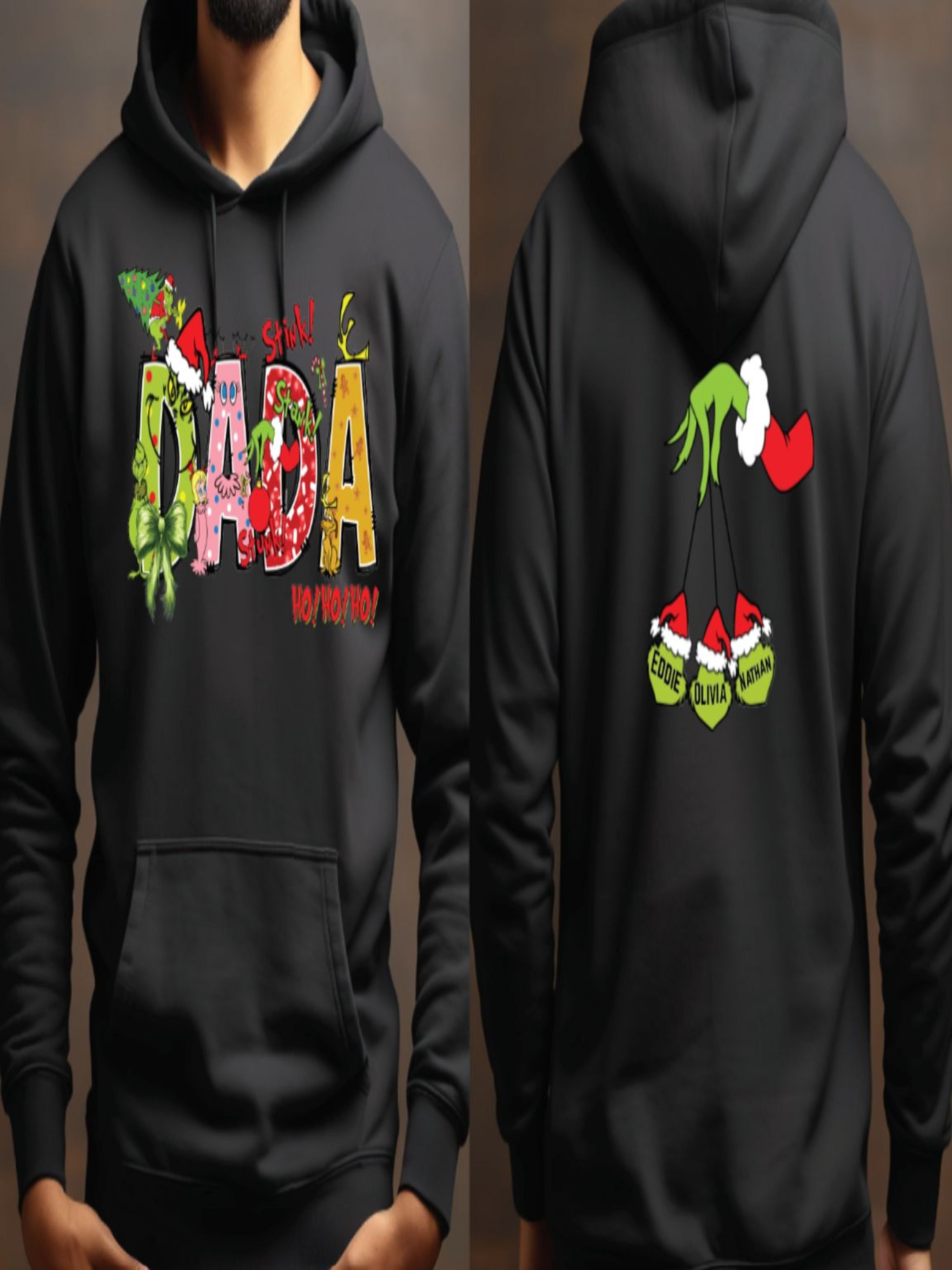 A black hoodie with a colorful design featuring the word "Dada" and various holiday-themed graphics, including Santa Claus and Christmas trees.