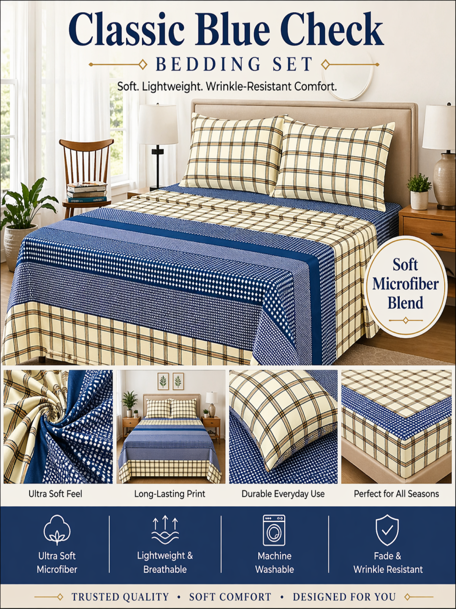 Blue Stripe Microfiber Bedding Set, Clean Modern Sheets