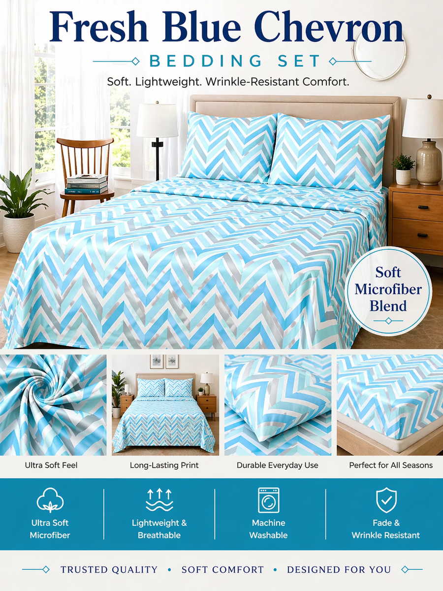 Aqua Chevron Microfiber Bedding Set, Fresh Modern Design
