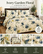 Ivory Garden Floral Bedding Set, Soft 100% Cotton Elegant Bedsheets