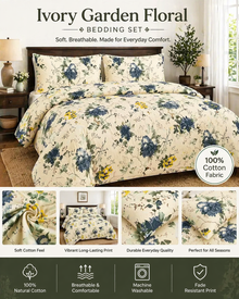 Ivory Garden Floral Bedding Set, Soft 100% Cotton Elegant Bedsheets