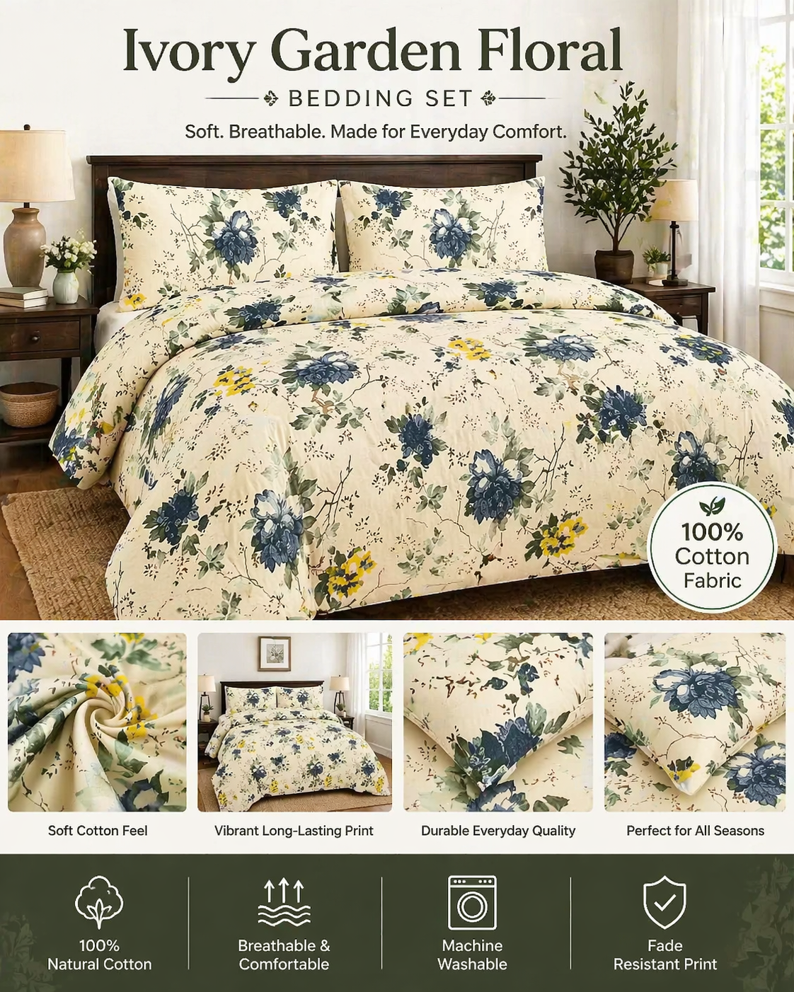 Ivory Garden Floral Bedding Set, Soft 100% Cotton Elegant Bedsheets