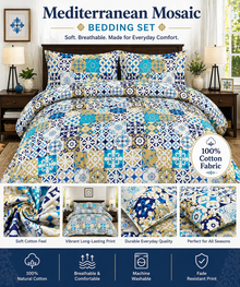 Cotton Bedding Set, Mediterranean Mosaic Bed Sheets, Soft, Breathable & Fade-Resistant