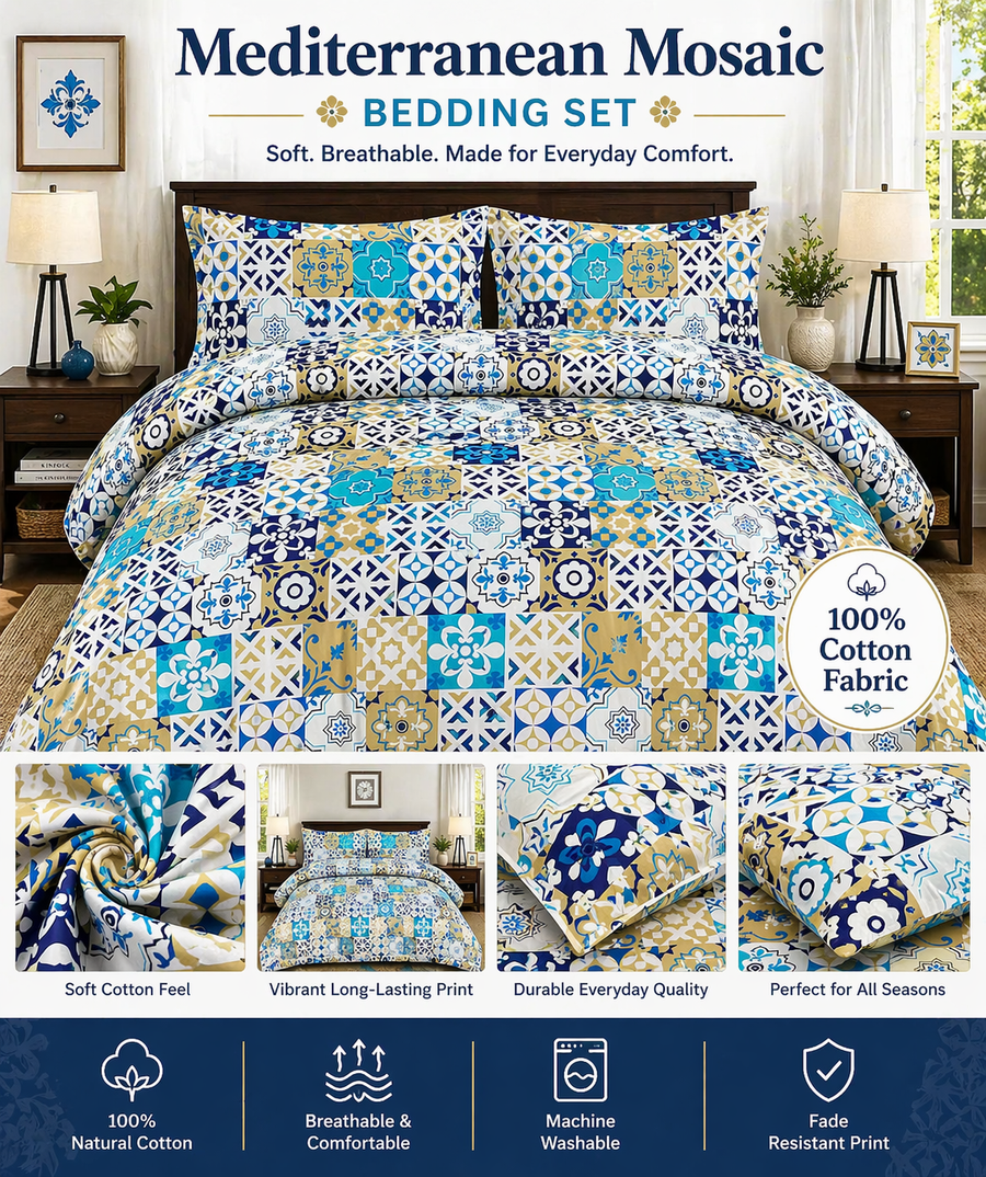 Cotton Bedding Set, Mediterranean Mosaic Bed Sheets, Soft, Breathable & Fade-Resistant