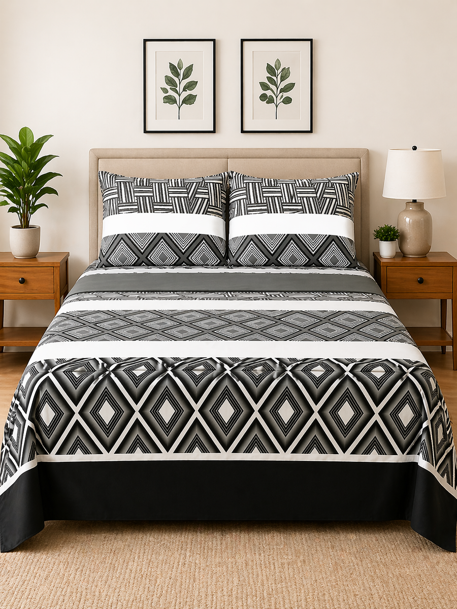 Monochrome Diamond Microfiber Bedding Set, Modern Grey Black & White — view 2