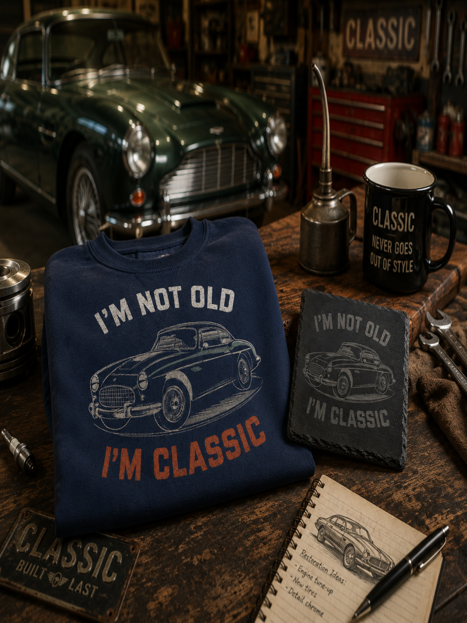 Classic Dad gift bundle displayed on workbench with classic car and garage décor in background