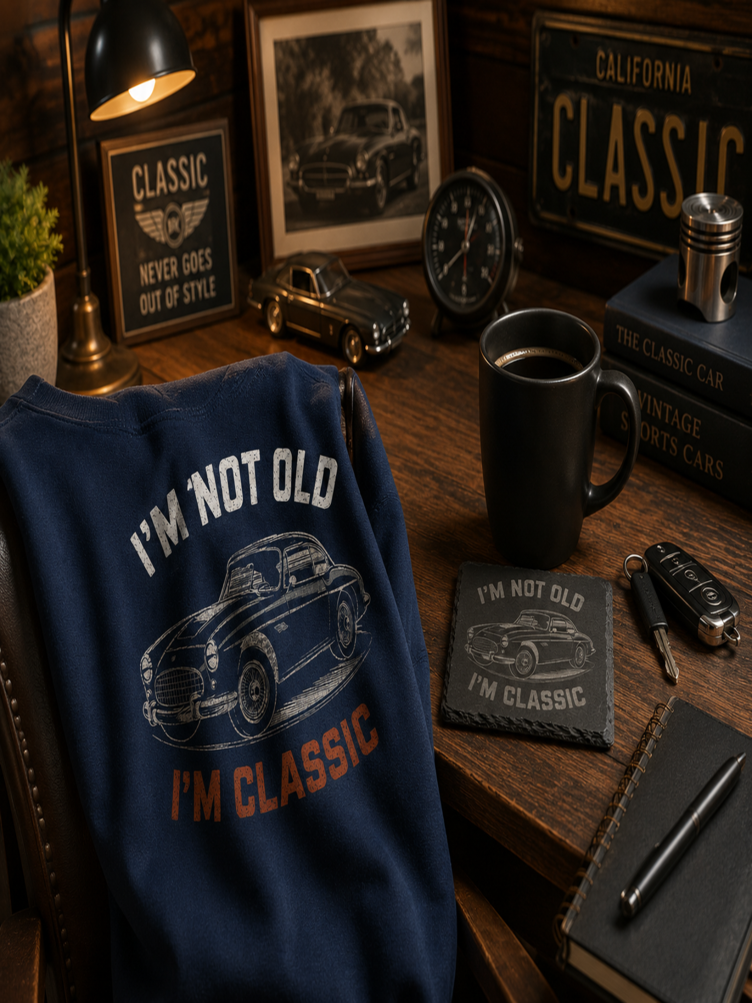 Classic Dad apparel and engraved coaster displayed in a vintage automotive themed workspace