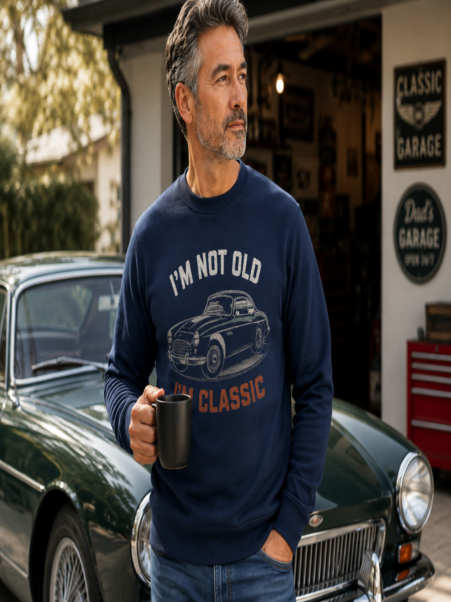 Dad wearing Classic Dad vintage car sweatshirt beside a classic automobile