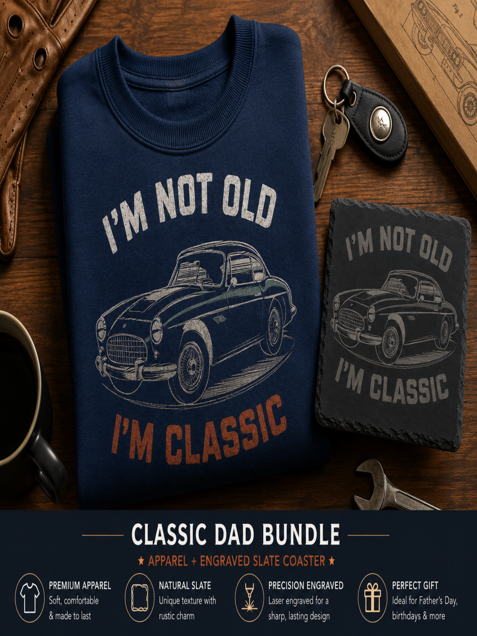 Classic Dad bundle featuring vintage car apparel and engraved slate coaster displayed on rustic wooden table with automotive accessories