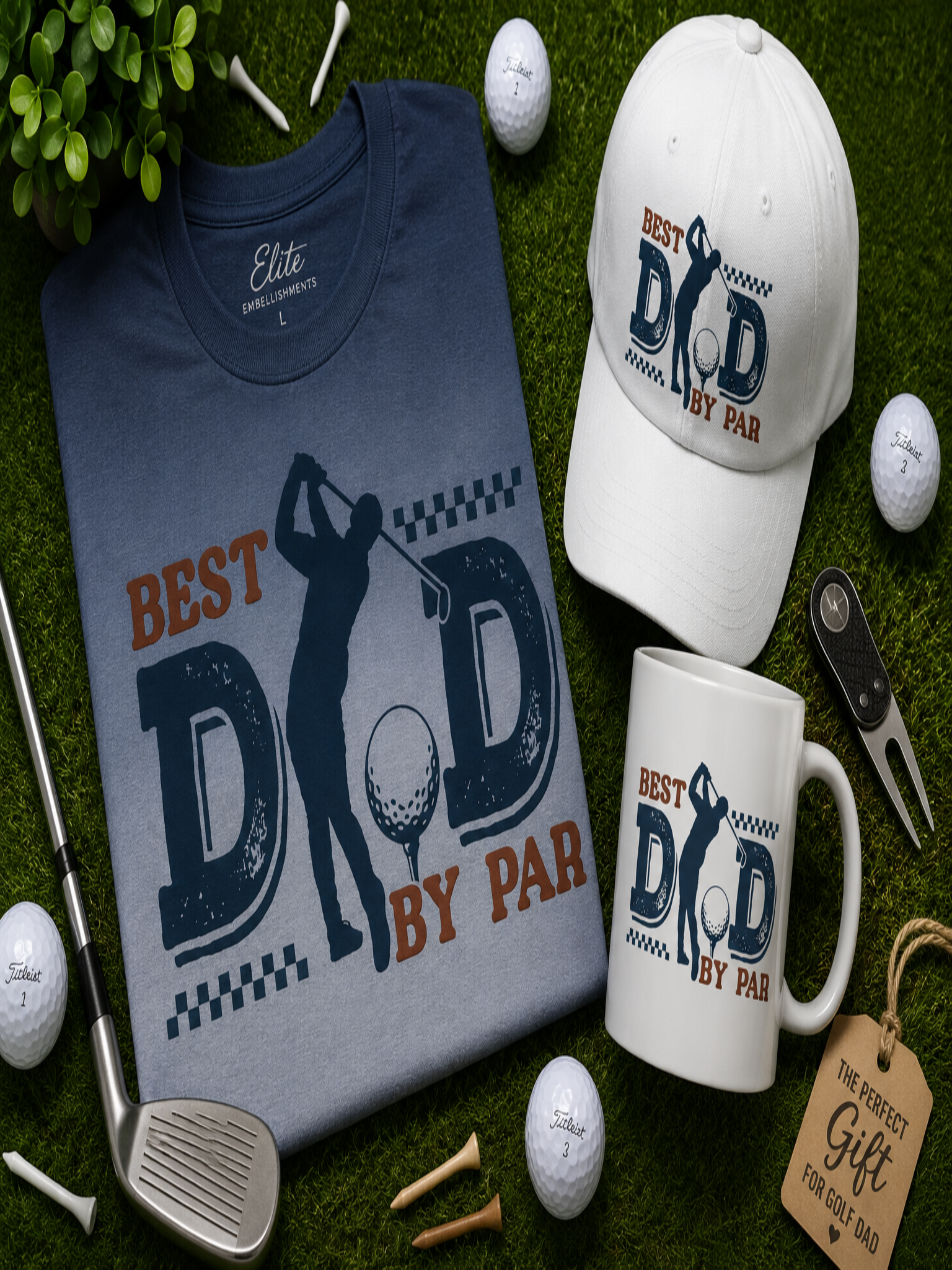 Best Dad By Par golf gift bundle featuring matching t-shirt, ceramic mug, and printed baseball cap displayed on golf turf with golf accessories