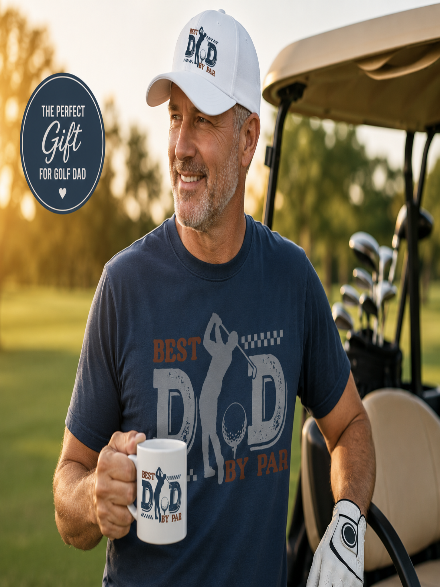 Golf dad wearing Best Dad By Par shirt and printed cap while holding matching coffee mug beside a golf cart