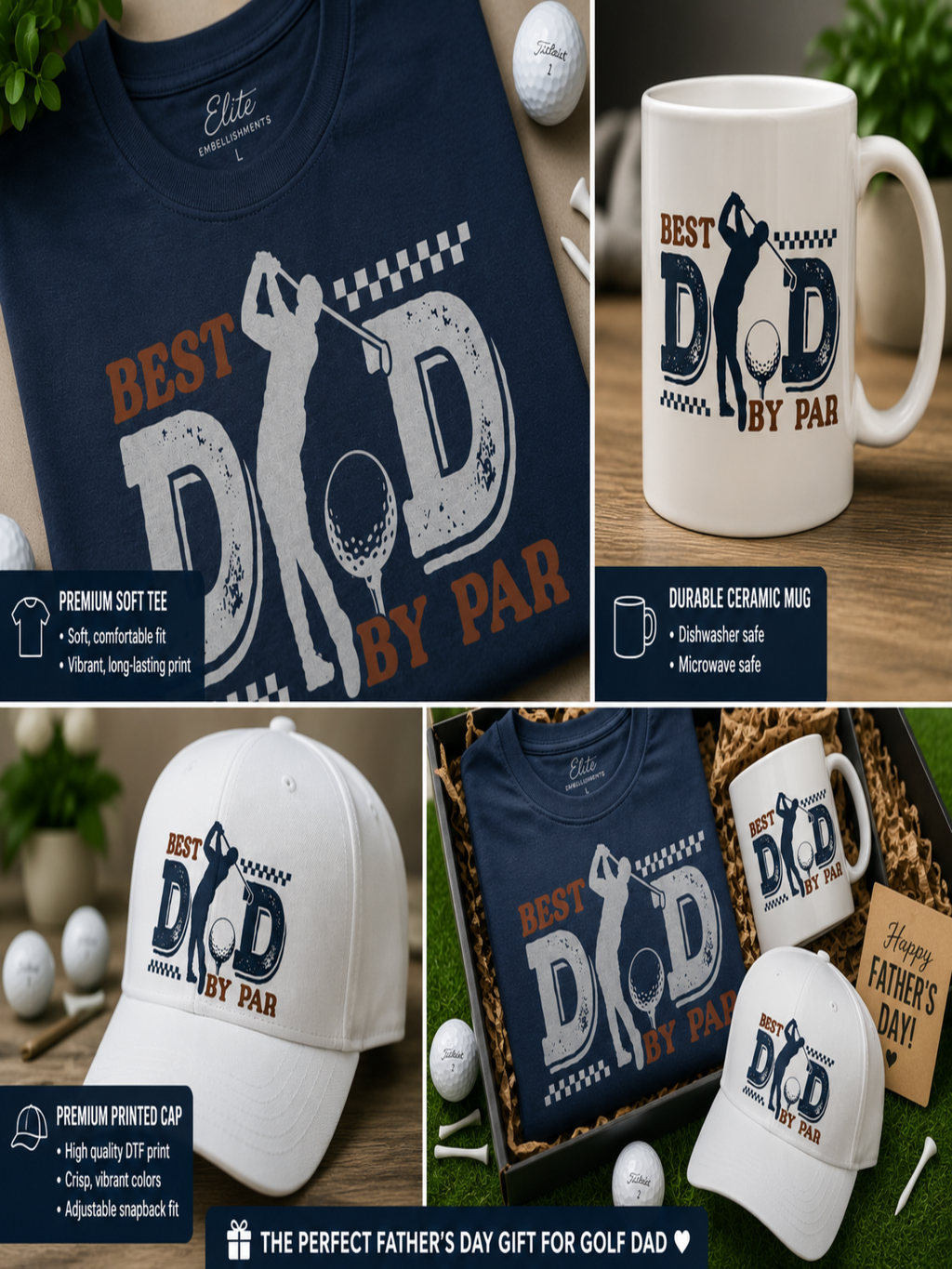 Close-up of Best Dad By Par golf gift bundle showing premium t-shirt print, ceramic mug design, and printed cap details