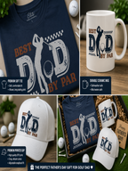 Close-up of Best Dad By Par golf gift bundle showing premium t-shirt print, ceramic mug design, and printed cap details