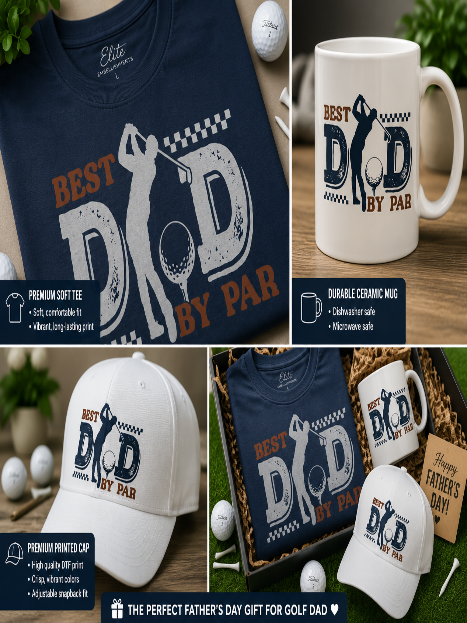 Close-up of Best Dad By Par golf gift bundle showing premium t-shirt print, ceramic mug design, and printed cap details