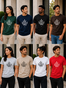 Canadian Wilderness Maple Leaf graphic t-shirt featuring iconic Canadian wildlife, camping, paddling, hockey, and outdoor adventure symbols arranged inside a maple leaf design.