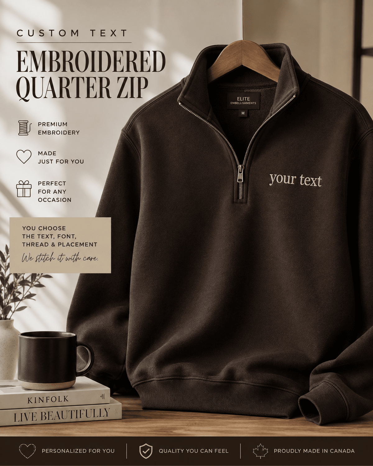 Custom Embroidered Premium Quarter Zip-up, Personalized Text, Everyday Wear (Made to Order)