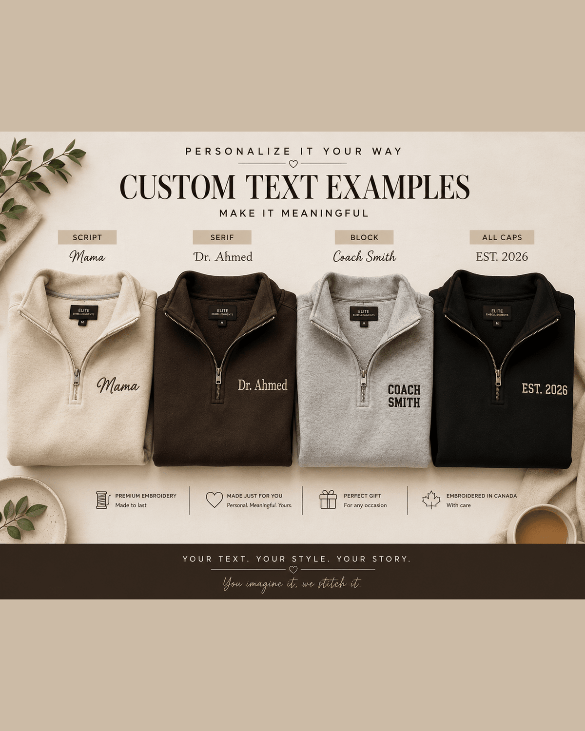 Custom Embroidered Premium Quarter Zip-up, Personalized Text, Everyday Wear (Made to Order)