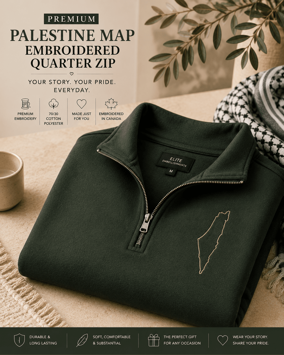Palestine Embroidered Quarter Zip – Flag & Map Design
