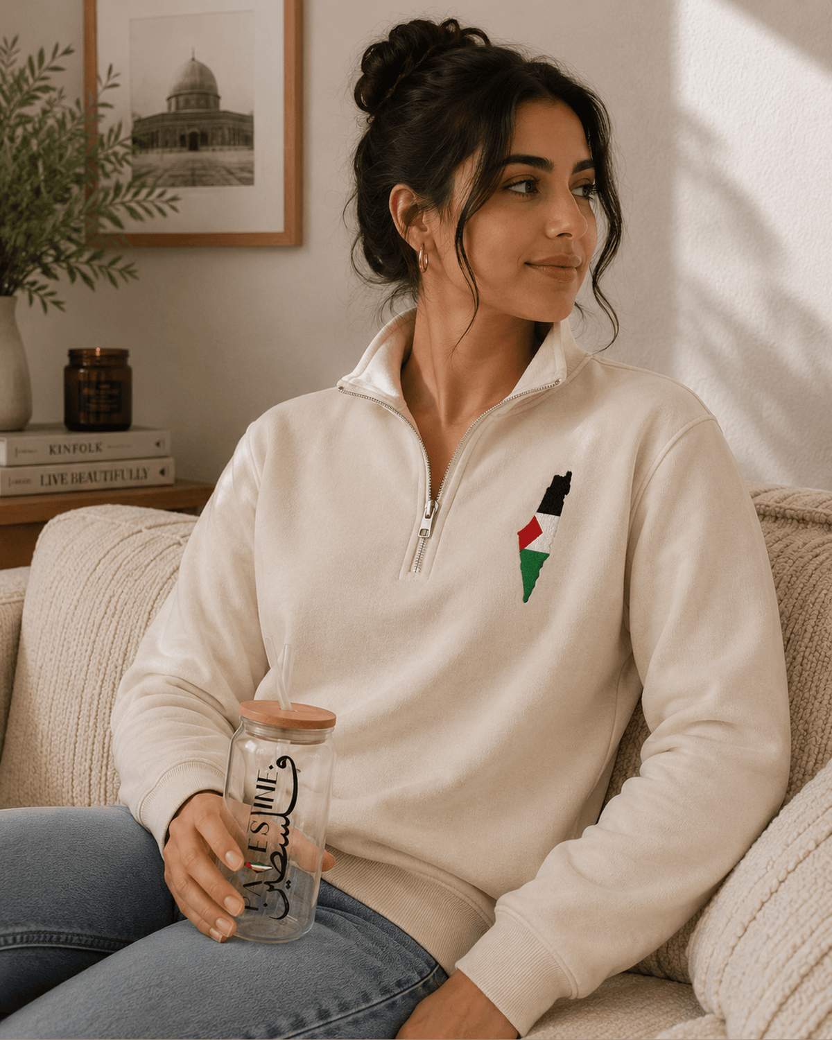 Palestine Embroidered Quarter Zip – Flag & Map Design