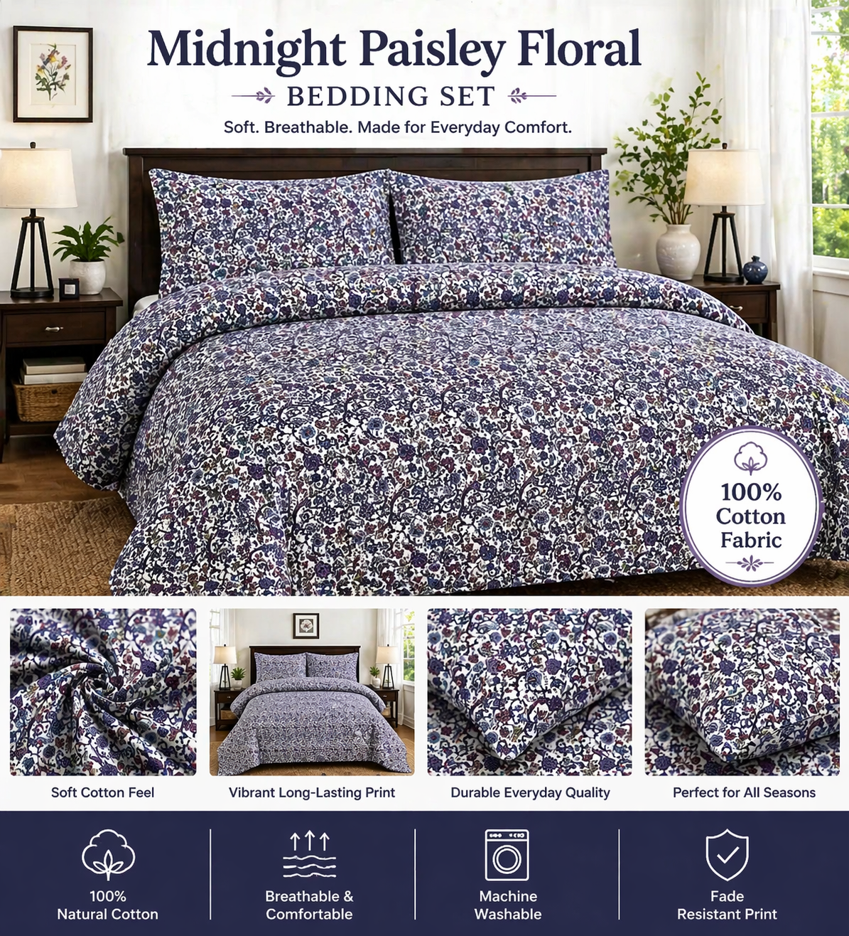 Cotton Floral Bedding, Midnight Paisley Classic Pattern Bed Sheets Set
