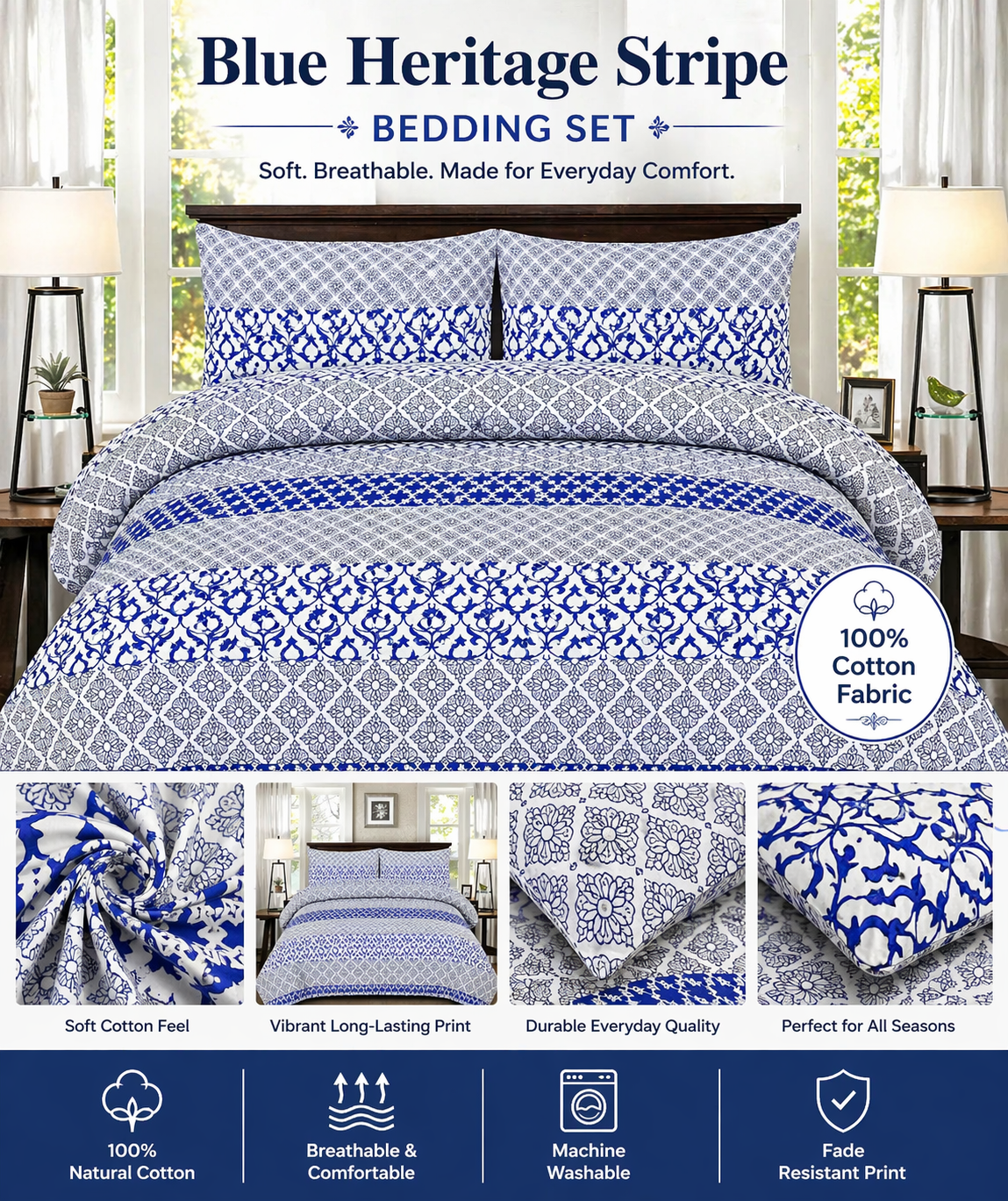 Cotton Bedding Set, Classic Stripe Sheets, Soft Breathable Bed Linen