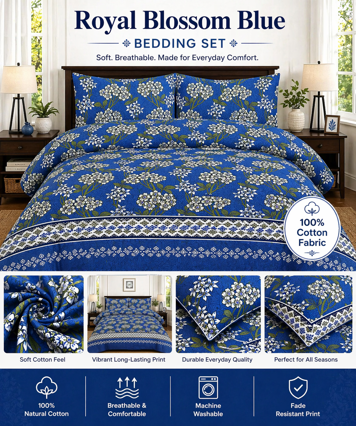 Cotton Bedding Set, Floral Bed Sheets, Luxury Soft Breathable Sheets
