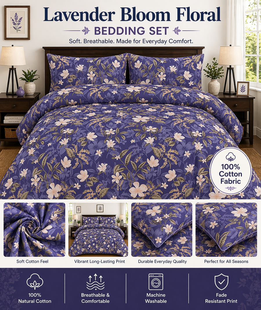 Lavender Floral Bedding, 100% Cotton Bed Sheets, Soft, Breathable & Durable