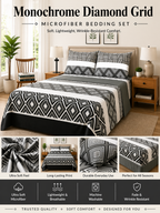 Monochrome Diamond Microfiber Bedding Set, Modern Grey Black & White