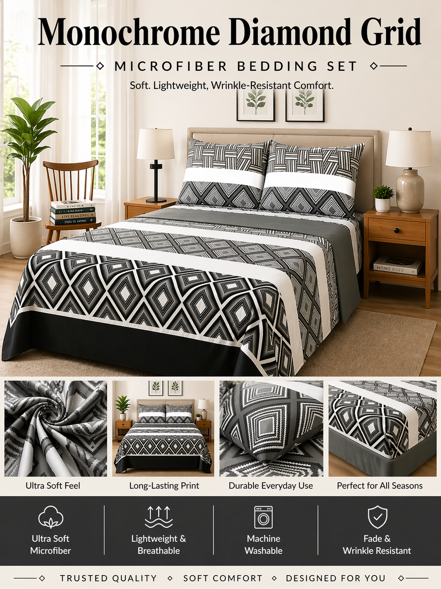 Monochrome Diamond Microfiber Bedding Set, Modern Grey Black & White