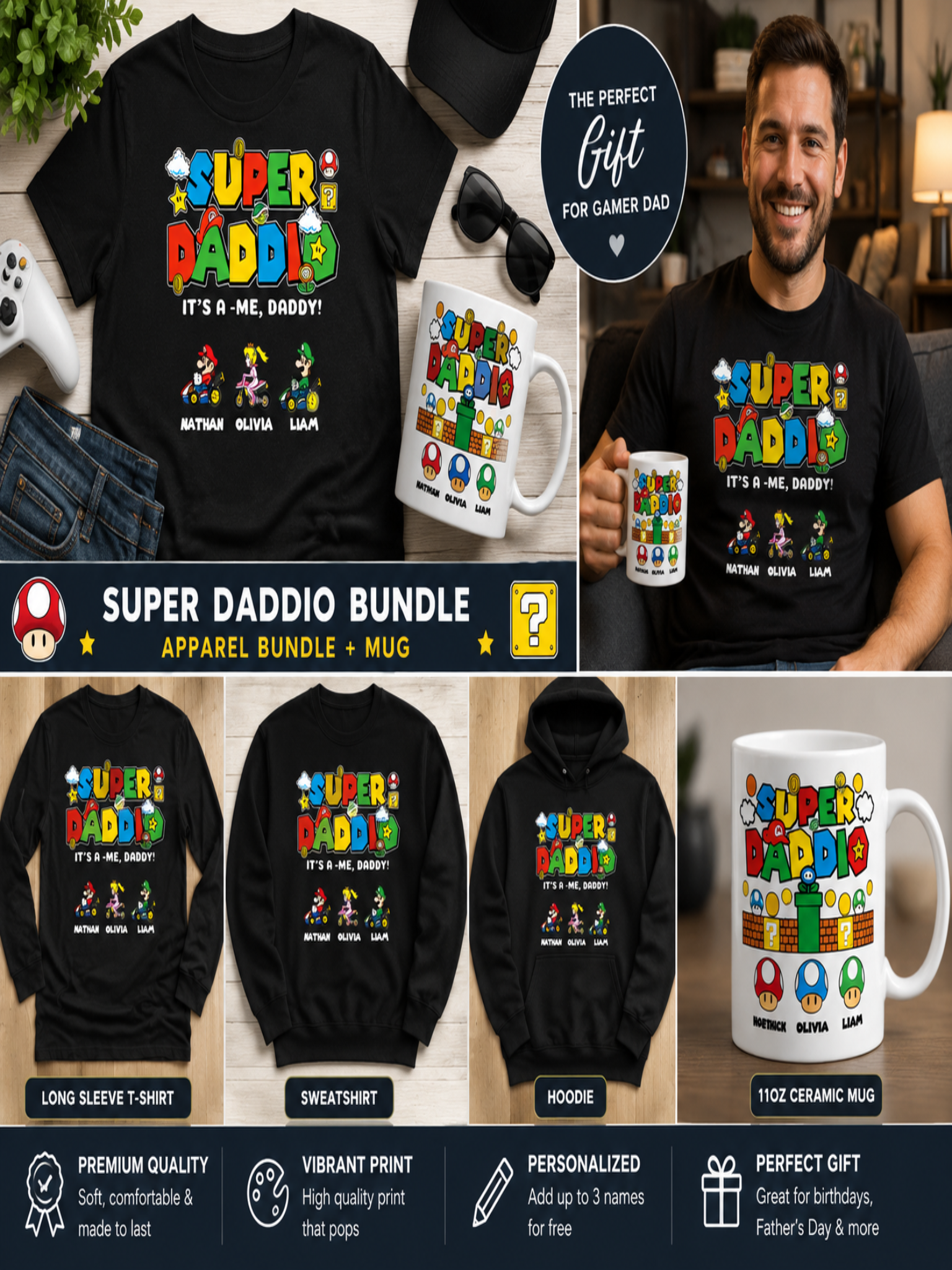Super Daddio Bundle | Personalized Gamer Dad Apparel & Mug Gift Set