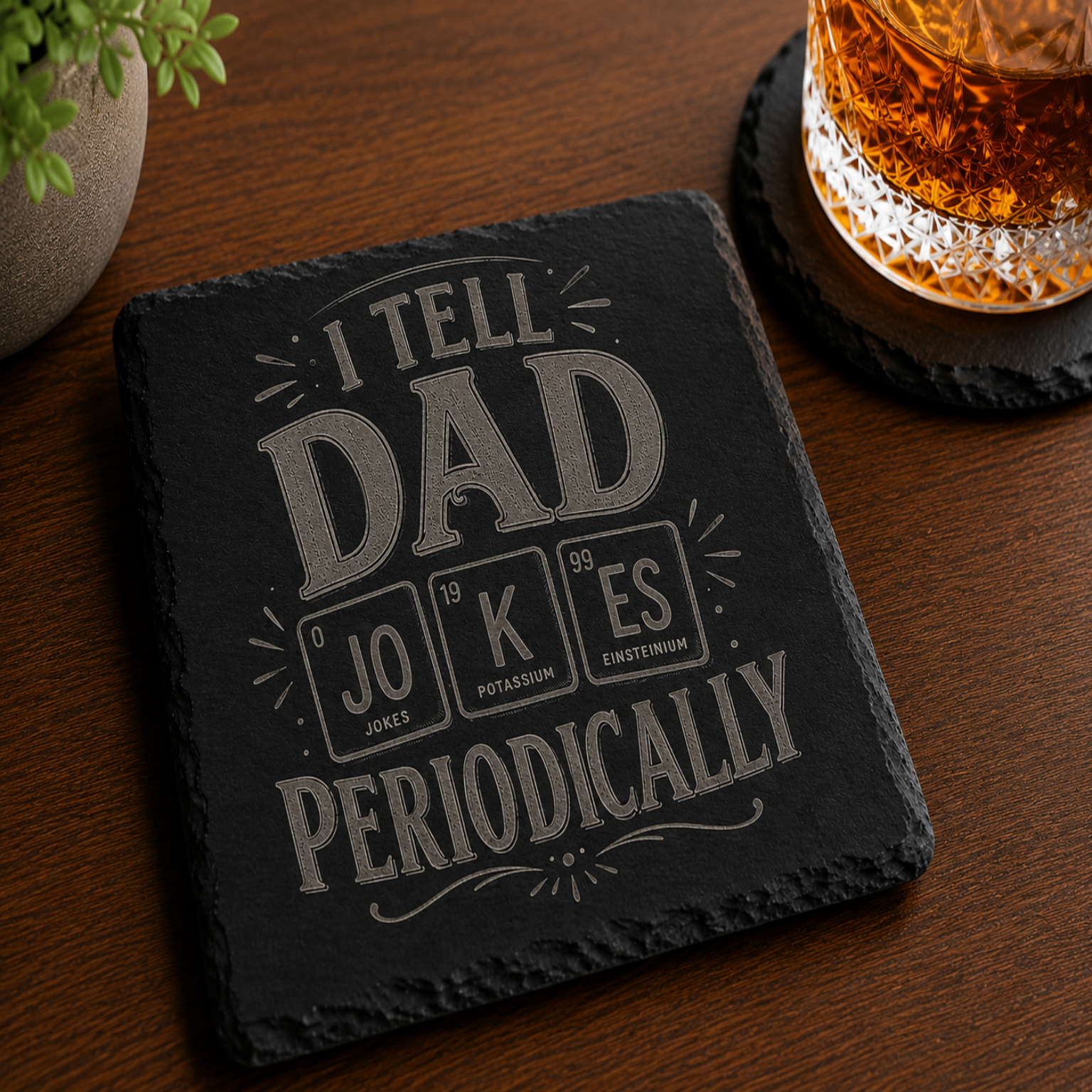 Engraved black slate coaster featuring the phrase "I Tell Dad Jokes Periodically" with a periodic table-inspired design, displayed on a wooden table beside a whiskey glass.