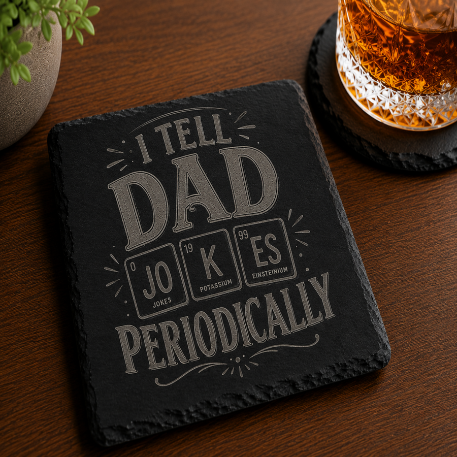 Engraved black slate coaster featuring the phrase "I Tell Dad Jokes Periodically" with a periodic table-inspired design, displayed on a wooden table beside a whiskey glass.