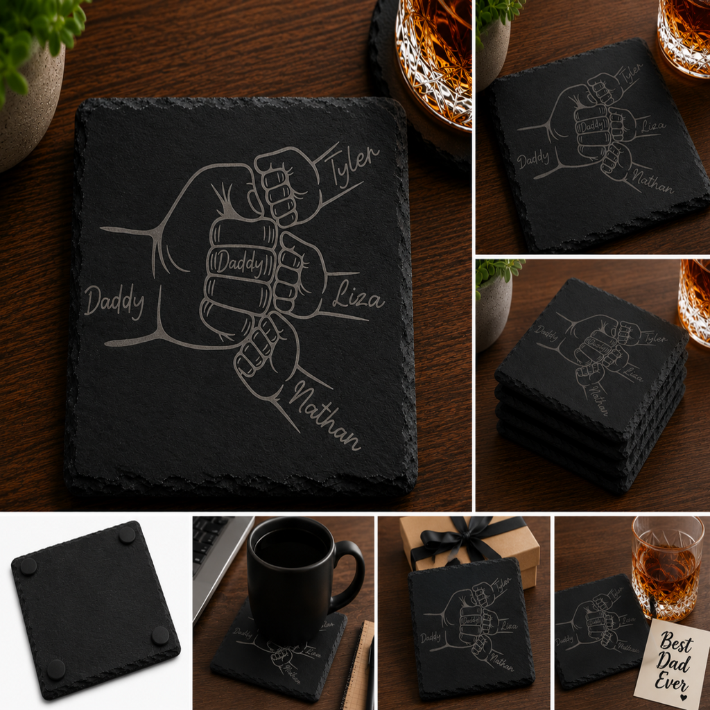 Personalized engraved black slate coaster featuring a fist bump design with Dad and children's names laser engraved on natural slate.