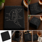 Personalized engraved black slate coaster featuring a fist bump design with Dad and children's names laser engraved on natural slate.