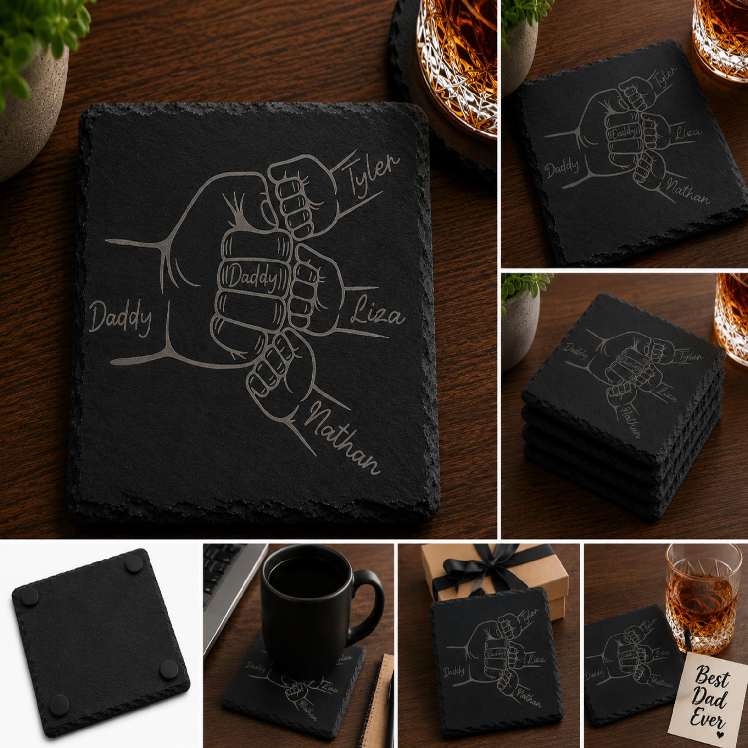 Personalized engraved black slate coaster featuring a fist bump design with Dad and children's names laser engraved on natural slate.